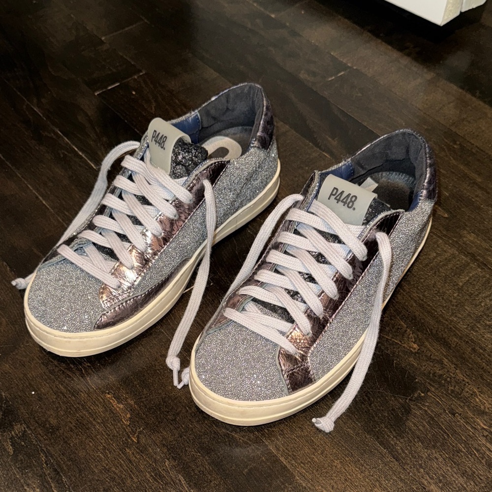 P448 Glitter Low-Top Sneakers in Silver and Rose